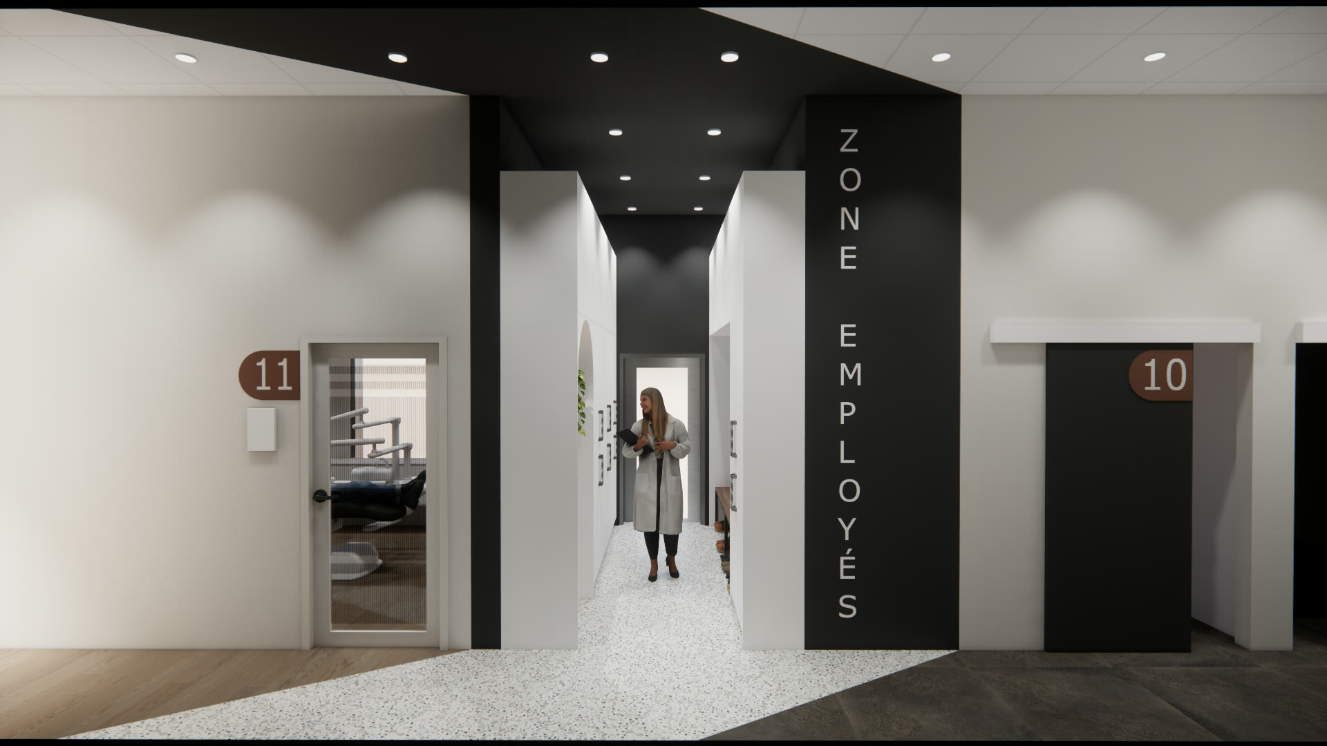 Rendu 3D de l'entrée du personnel de la clinique dentaire à Baie-Comeau